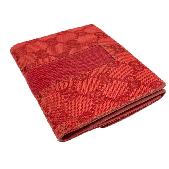 Auth GUCCI GG - Red Leather Jacquard Double-hook Wallet - Picture 3 of 10
